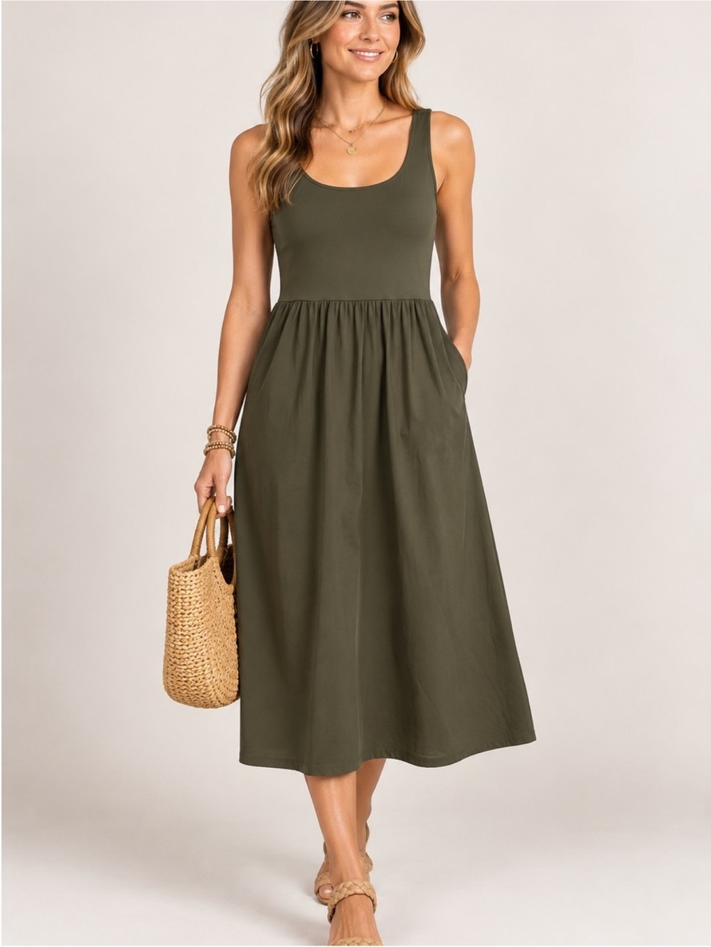 Spanx Jersey Scoop Neck Tank Midi Dress in Olive Fitted Bodice Gathered Skirt M
